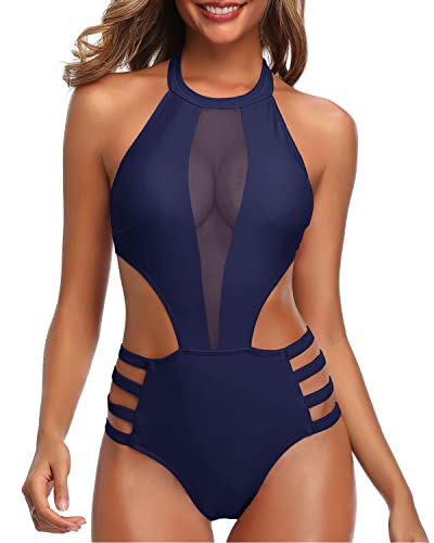 Attractive Mesh Cutout Halter Monokini Swimwear For Women-Navy Blue