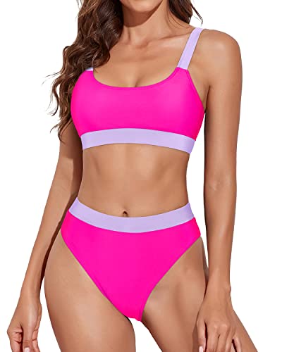 Women High Waisted Bikini Bottoms Sporty Scoop Neck Bikini-Phosphor And Light Purple