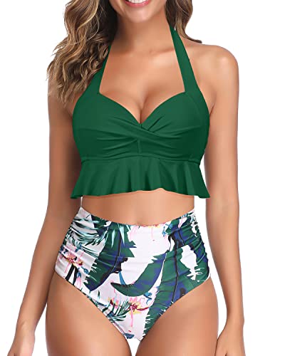 Ruched High Waisted Bikini Two Piece Swimsuits-Green Tropical Floral