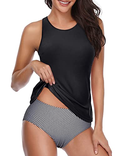 High Neck Two Piece Tankini Swimsuits For Women-Black Stripe