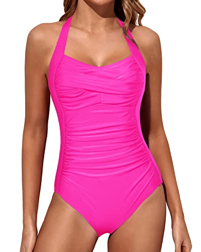 Slimming Bathing Suits Halter Vintage Swimwear-Neon Pink