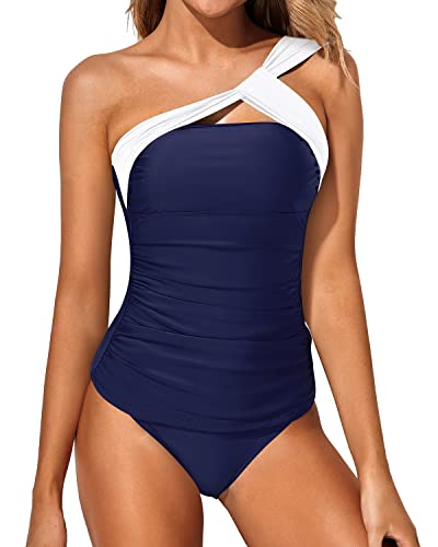 Women's Sexy Asymmetrical Tankini One Shoulder Top & Shorts-White And Navy Blue
