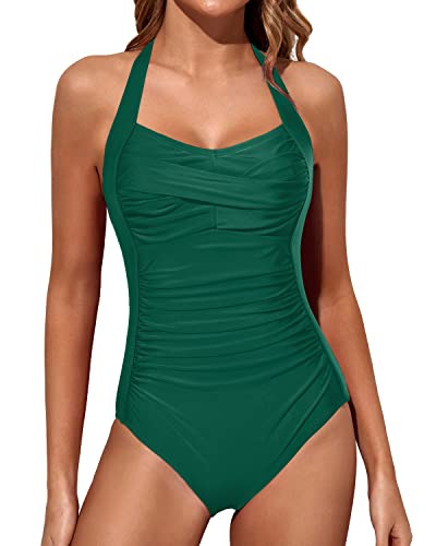 Push Up One Piece Swimsuits Halter Vintage Swimwear-Emerald Green