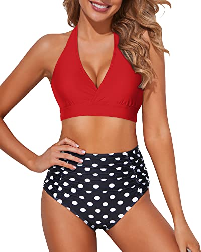 Sexy Push Up Halter Two Piece High Waisted Bikini Set-Red Dot