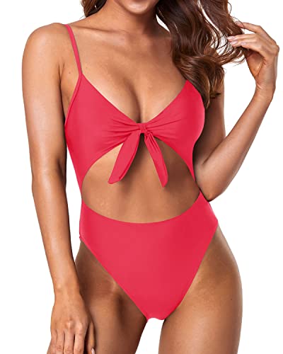 Sexy Hollow Out Backless V Neck 1 Piece Swimsuits-Red