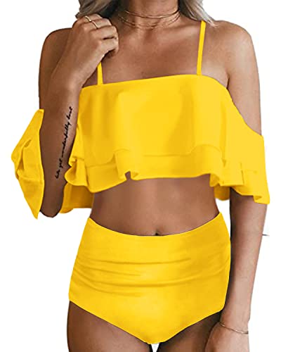 Two Piece Cute Ruffle Sleeve High Waisted Bikini Set Swimsuit-Neon Yellow