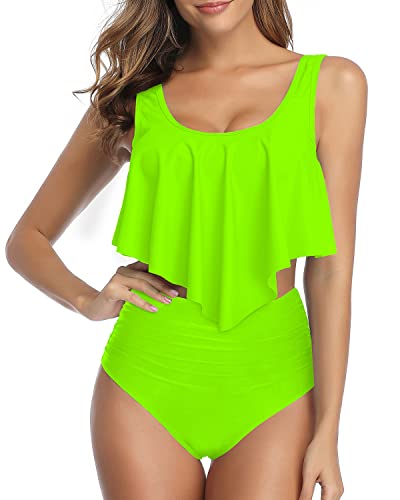 Charming And Confident Women Ruffled Flounce Bikini Swimsuit-Neon Green