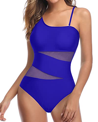 One Shoulder Full Coverage Mesh Tummy Control Swimsuits-Royal Blue