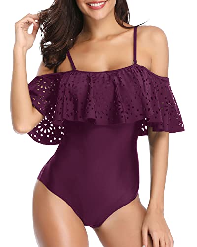 Feminine Padded Push Up Bras One Piece Off Shoulder Lace Swimsuits-Maroon