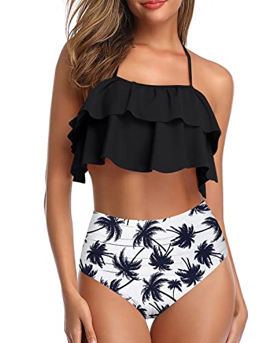 Modest High Waisted Two Piece Swimsuit Tiered Ruffles For Girls-Black Palm Tree