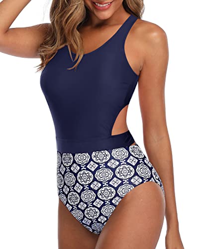 Side Cut Out Modest Women One Piece Swimsuits-Navy Blue Tribal