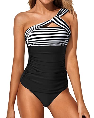 Women's Ruched Tankini Swimsuit One Shoulder Top & Shorts-Black And White Stripe