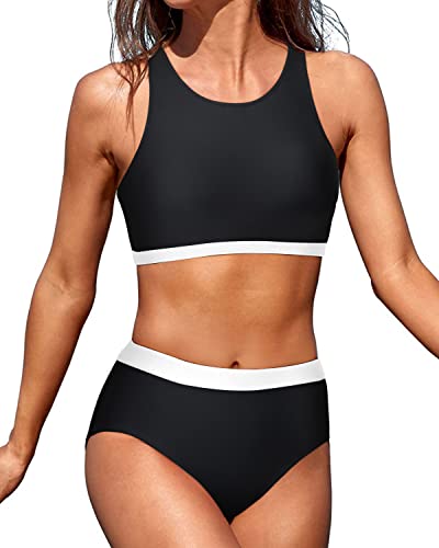 Women High Neck Crop Top Tummy Control Sporty Bathing Suits-Black And White