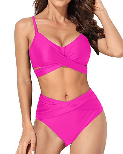 Women Two Piece Swimsuit Wrap Criss Cross Push Up Bikini-Neon Pink