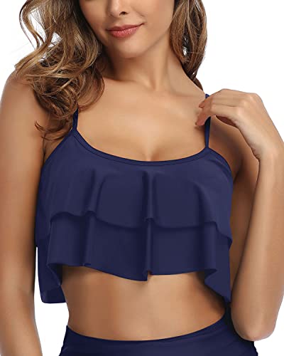 Padded Straps Flounce Swim Top Swimsuit Tank Top For Women-Navy Blue