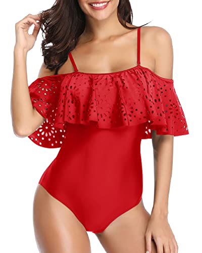 Sexy Ruffle Flounce Hollow Bathing Suits One Piece Off Shoulder Lace Swimsuits-Red
