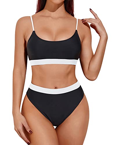 Female Curves Enhancing High Waisted Bikini Sporty Scoop Neck Swimsuits-Black And White