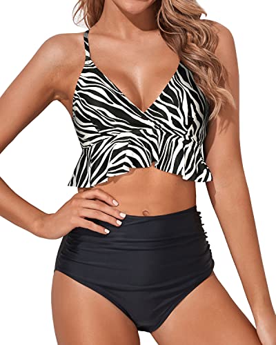 Women's Tummy Control High Waisted Bikini Bathing Suit-Zebra Pattern