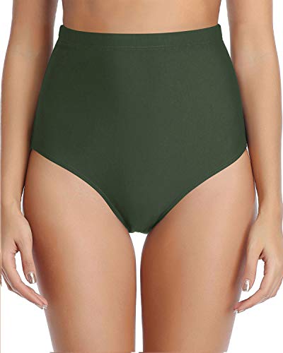 Retro High Waisted Tummy Control Swimsuit Bottoms-Olive Green