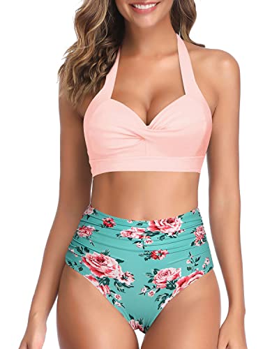 Halter Ruched High Waist Bikini Women's Bikini Swimsuits-Green And Pink Floral