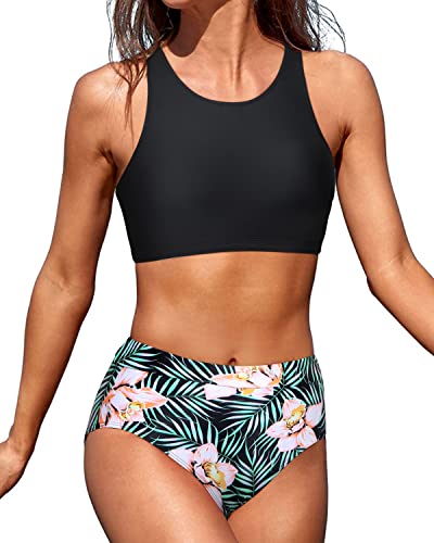 Women Adjustable Strap Removable Padded Bra Bikini Set-Black Floral