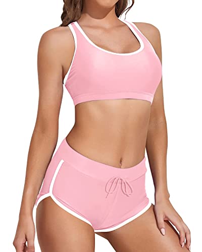 Sporty Women's Bikini Set Racerback Crop Top And Shorts-Pink White