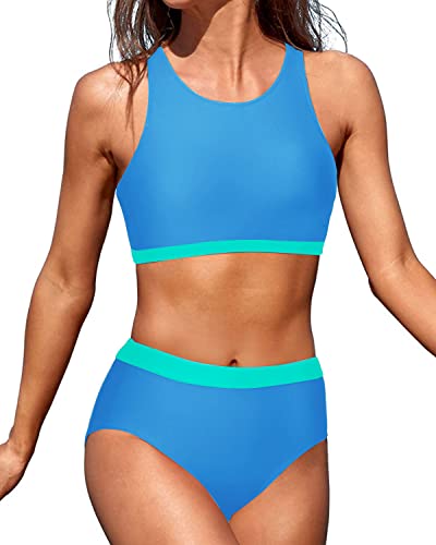 Women High Waisted Sporty Bikini Top Bottom-Light Blue And Light Green