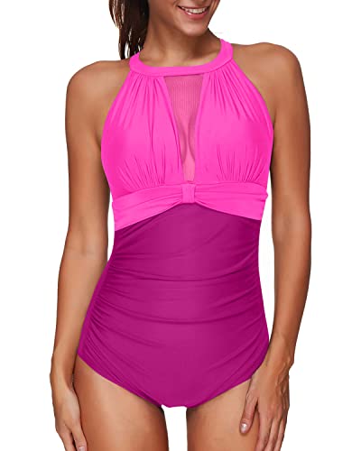 Sexy One Piece High Neck Ruched Monokini Swimwear For Women-Phosphor And Dark Pink
