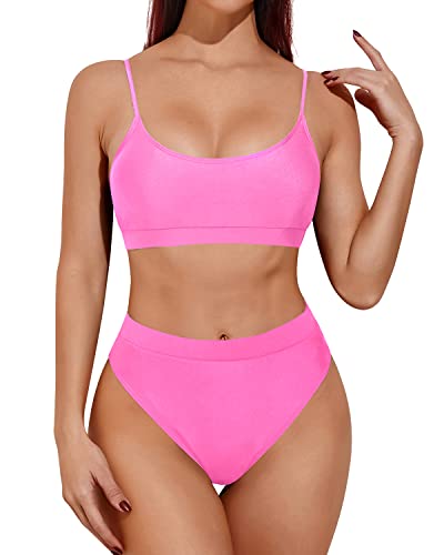 Two Piece High Waisted Bikini Sporty Scoop Neck Swimsuits-Light Pink