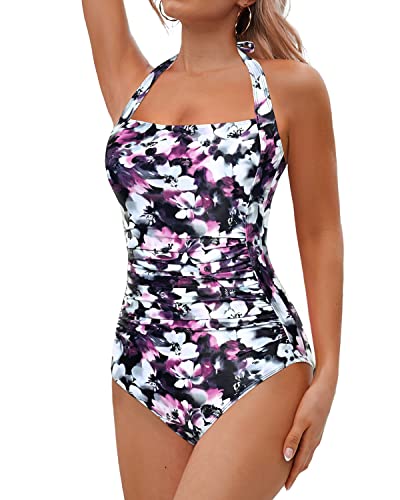 Adjustable Halter Neck Halter Backless Bathing Suits For Women-Purple Floral