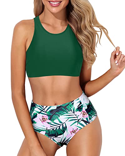 Full Coverage High Neck Racerback Two Piece Bikini Set-Green Tropical Floral