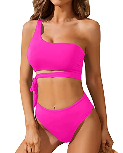 High Waisted Two Piece Bathing Suit Tie Bikini Set-Neon Pink