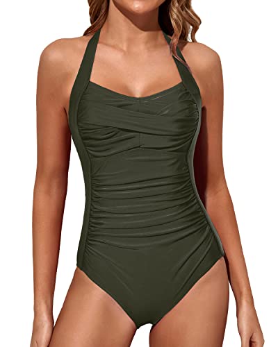 Women Tummy Control Slimming One Piece Swimwear-Army Green