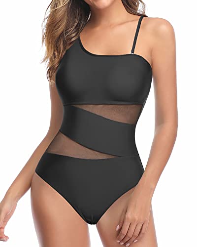Sexy Cutout Mesh Inserts One Piece Swimsuit For Curvy Women-Black