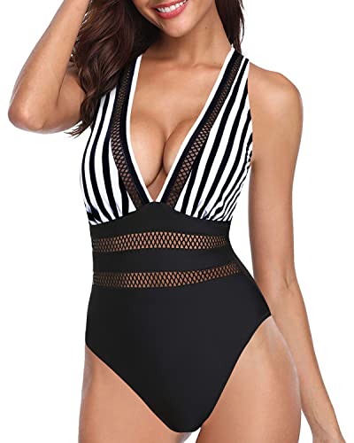Curve-Contouring Criss-Cross Back Bathing Suit Monokini Swimsuits-Black And White Stripe