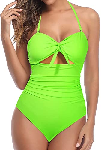 Tummy Control Retro High Waist Swimsuits-Neon Green
