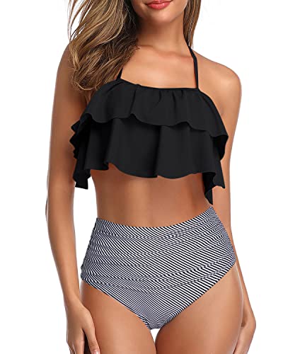 Flattering Ruffle Halter Bikini Set Tummy Control Bottoms For Women-Black Stripe