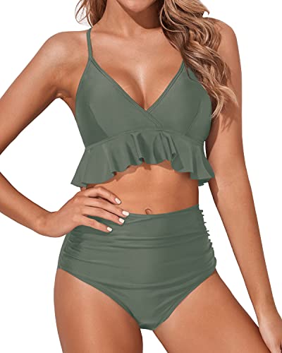 Feminine Ruffle Flounce Bikini Set Deep V Neck-Army Green