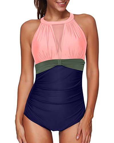 Women's Deep Plunge High Neck Mesh Ruched Monokini Swimsuit-Pink Green Blue