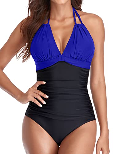 Sexy Plunge Deep V Neck Swimsuits Long Torso 1 Piece Swimwear-Royal Blue And Black