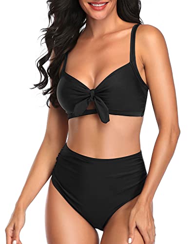 Sexy Tummy Control Ruched Tie Knot Bathing Suits For Women High Waisted Bikini Set-Black