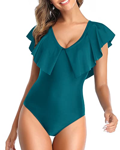 Women's Sexy Ruffle Flounce Sleeve V Neck One Piece Swimsuit-Teal