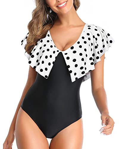 Bathing Suit Ruffle Shoulders For Tummy Control-White Black Polka Dots
