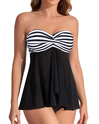 Women's Mid Rise Halter Bandeau Flyaway Tankini Swimsuit-Black And White Stripe