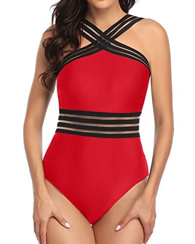 Front Crossover Strap Crisscross One Piece Swimsuit-Red