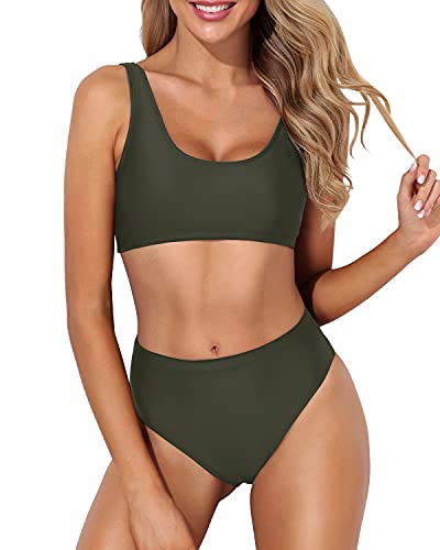 Push-Up Bra Support Bikini Set Two Piece Scoop Neck Bikini For Women-Army Green
