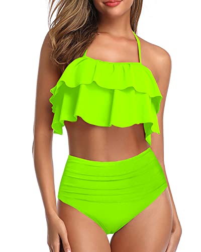 Glamorous High Waisted Bikini Set Tiered Ruffles For Women-Neon Green