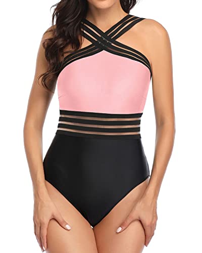 Removable Padded Push Up Bras Sexy One Piece Swimsuits-Pink And Black