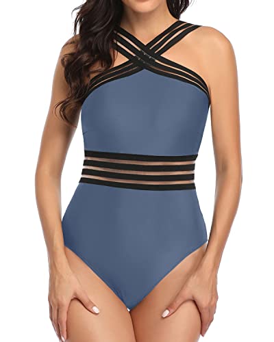 Sexy Crisscross Mesh Straps One Piece Tummy Control Bathing Suit-Grey