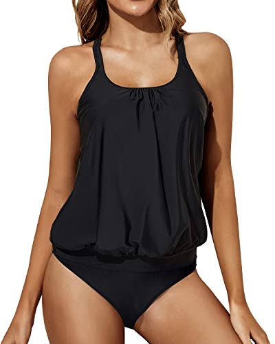 Modest Tummy Control Blouson Two Piece Tankini Swimsuits-Black